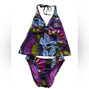 Lucky Brand Size Medium Floral Tankini Swim Set - Purple and Blue